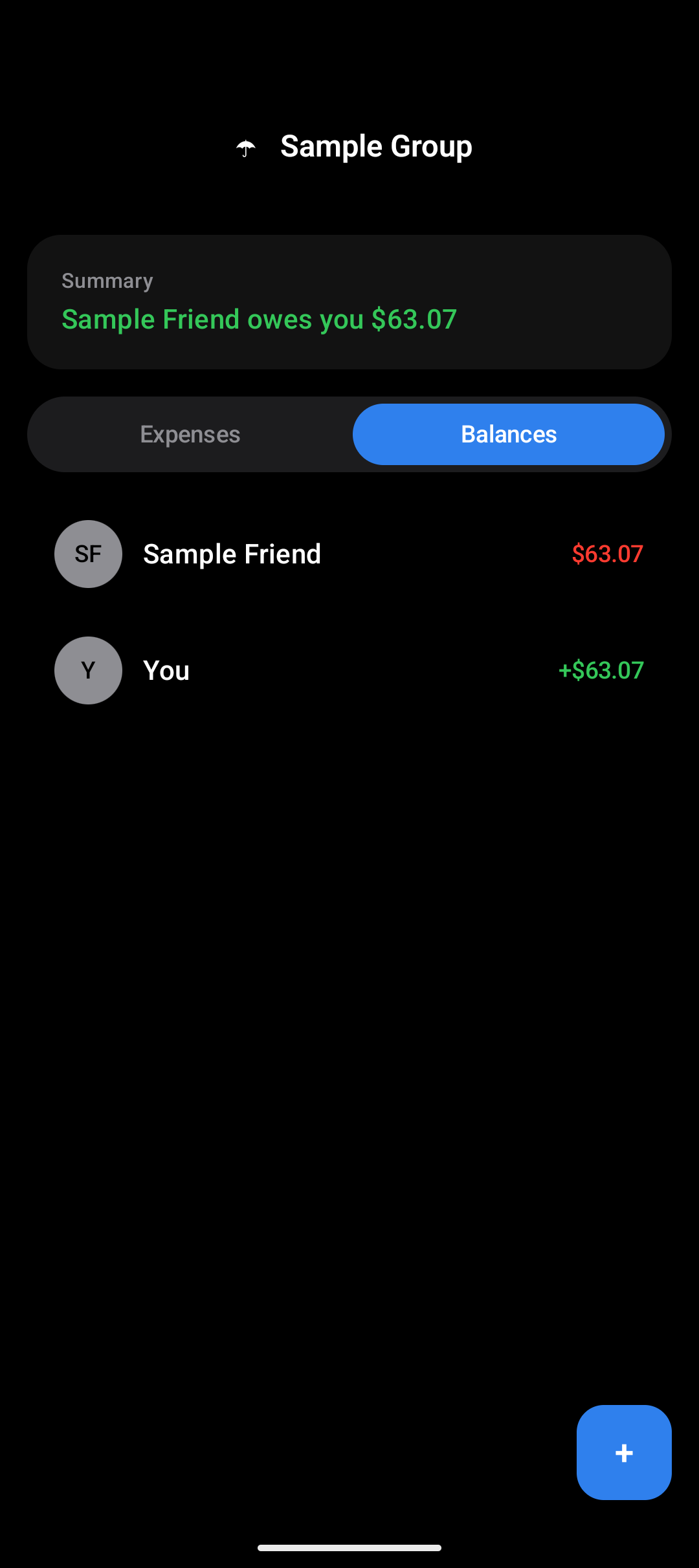 PayJuntos balances screen showing who owes what